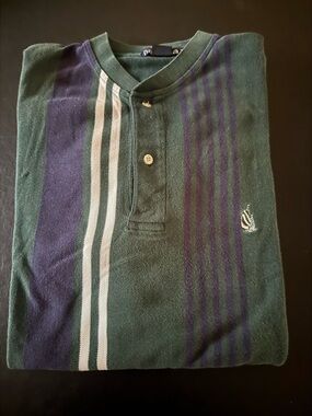 Nautica Green and Navy Striped Henley Polo